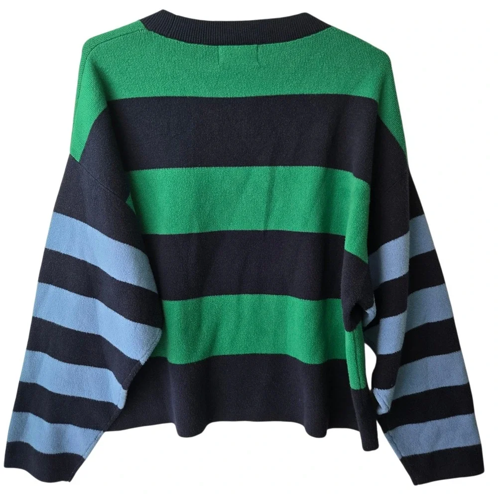 Old Navy SoSoft Mens L Green Navy Striped Crewneck Sweater Relaxed Preppy